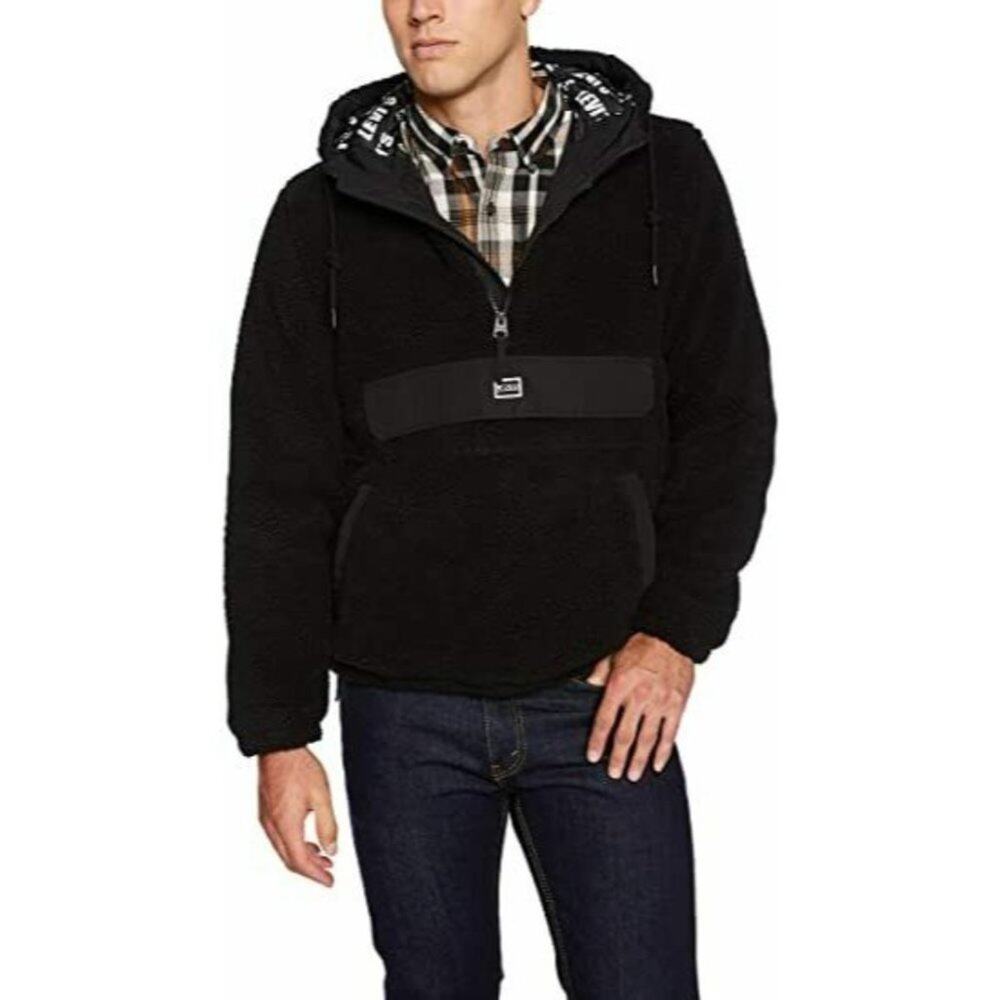 Levi's Men's Faux Shearling Hooded‎ Partial Zip Black Sweater Size M $180